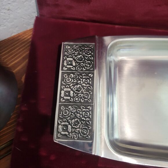 Vintage Stanley Roberts Stainless Steel Velvet Design Sugar & Creamer w/Tray MCM - Picture 12 of 16